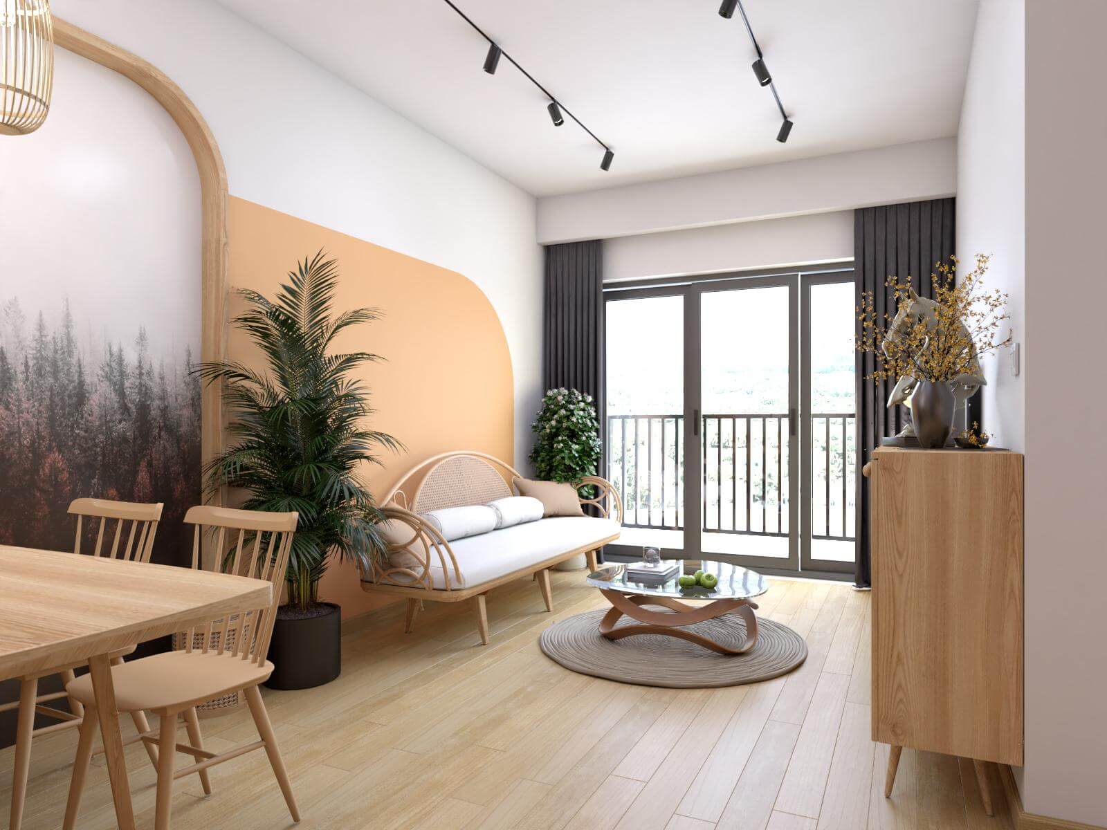 ý tưởng thiết kế nội thất chung cư 3 phòng ngủ với phòng khách đông dương