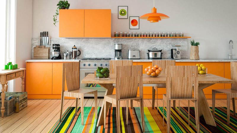 Mẫu nội thất phòng bếp nhà ống phong cách Color block
