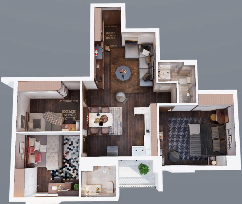 mặt bằng nội thất căn hộ chung cư 3 phòng ngủ hiện đại