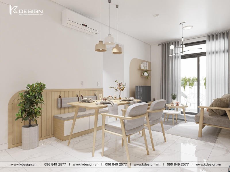 thiết kế nội thất phòng khách kết hợp bếp căn hộ chung cư asiana capella