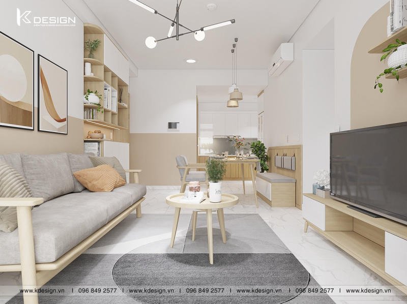 thiết kế nội thất phòng khách kết hợp bếp căn hộ chung cư asiana capella