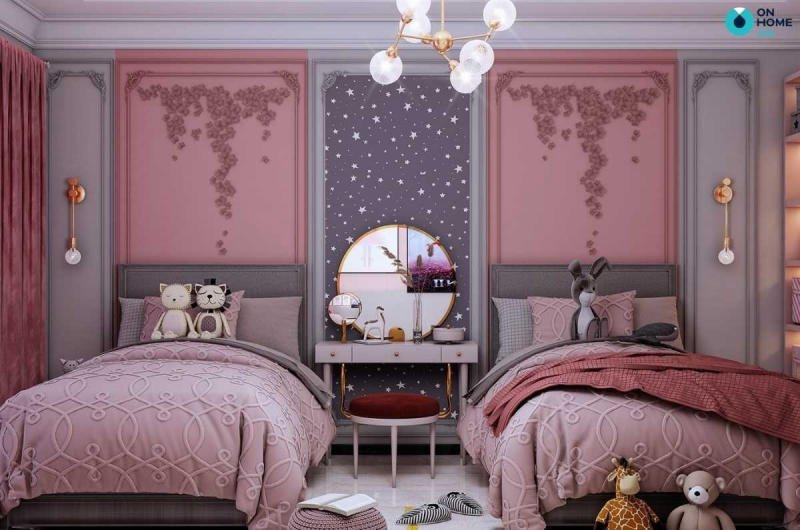 mẫu thiết kế phòng ngủ 2 giường cho bé gái