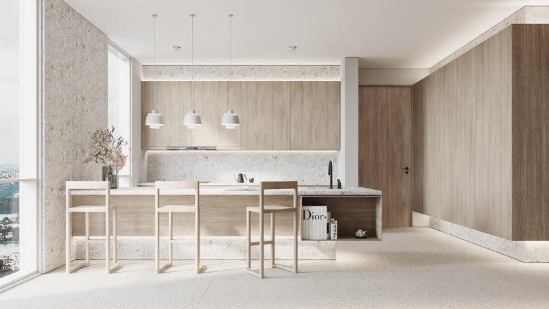 mẫu thiết kế nội thất phòng bếp phong cách tối giản
