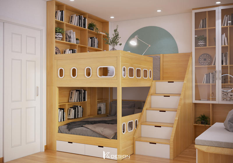 Phòng ngủ với giường tầng giúp tận dụng triệt để không gian trên cao