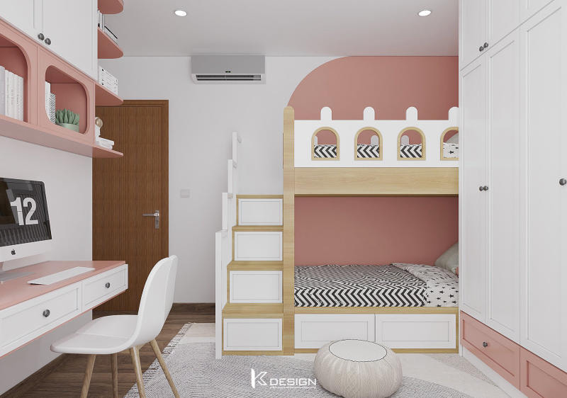 Mẫu thiết kế phòng ngủ nhỏ 2 giường cho bé gái
