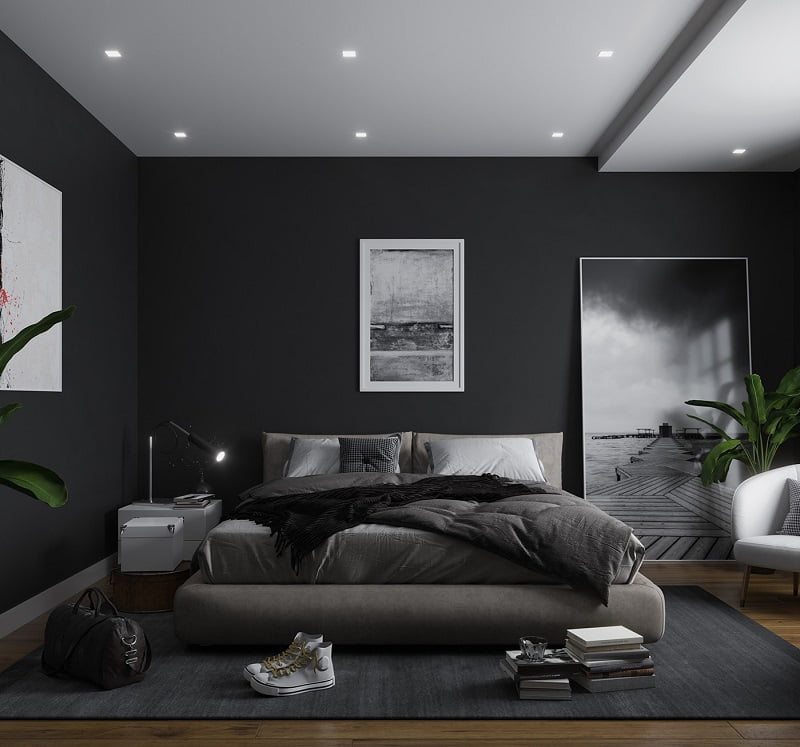 mẫu thiết kế phòng ngủ cho nam màu xám đen