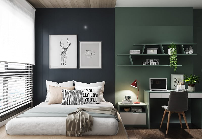 mẫu thiết kế phòng ngủ cho nam màu xanh