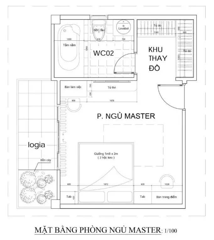 bản vẽ mặt bằng phòng ngủ có phòng thay đồ