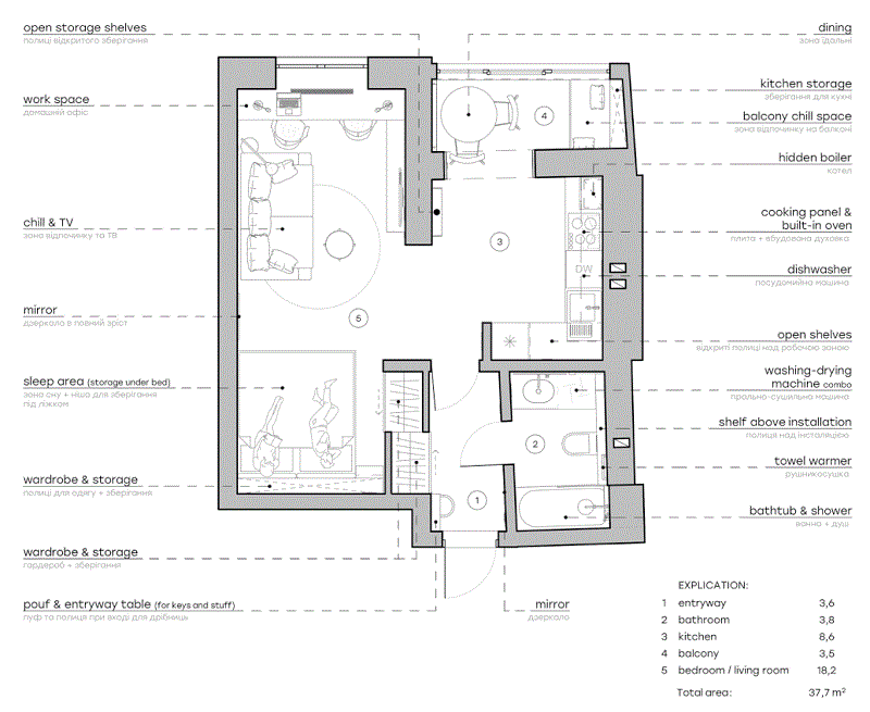 mẫu thiết kế căn hộ 1 phòng ngủ 37.7m2