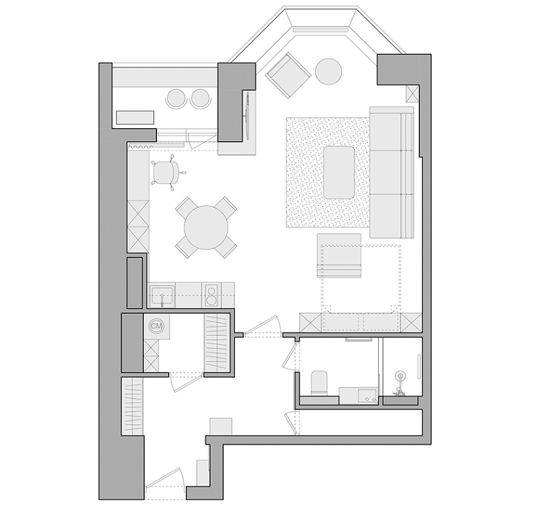 mẫu thiết kế căn hộ 1 phòng ngủ 55m2