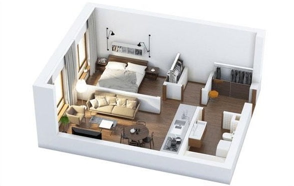 mẫu thiết kế căn hộ 50m2 2 phòng ngủ