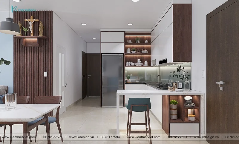 Thiết kế nội thất chung cư 70m2 sử dụng hệ thống đèn âm tường trong không gian phòng bếp