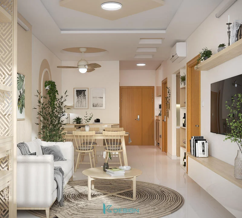 Thiết kế nội thất chung cư 70m2 gam màu trắng chủ đạo cùng nội thất màu vân gỗ tạo nên không gian ấm cúng