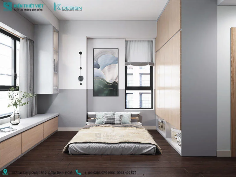 Phòng ngủ chung cư 70m2 thiết kế đơn giản với gam màu trắng - xám chủ đạo