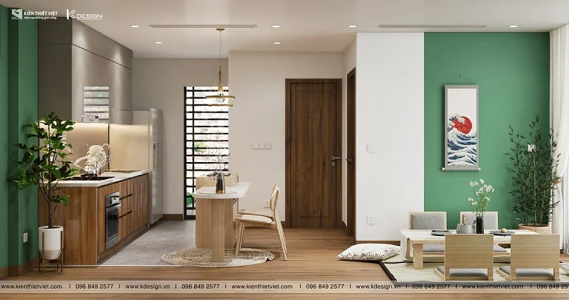 Tận dụng ánh sáng tự nhiên tạo không gian thoáng đãng cho phòng bếp căn hộ 70m2