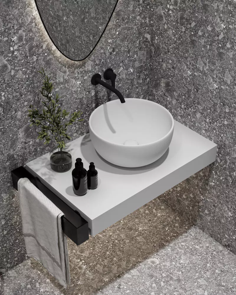 Kiểu dáng lavabo vừa tạo điểm nhấn vừa phù hợp với diện tích phòng tắm