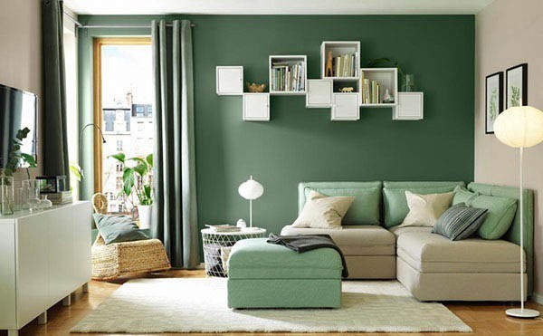phòng khách sơn tường màu xanh lá