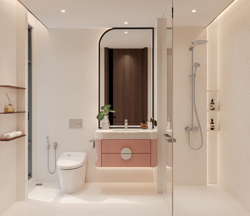 Mẫu thiết kế phòng ngủ 20m2 có toilet cho nữ