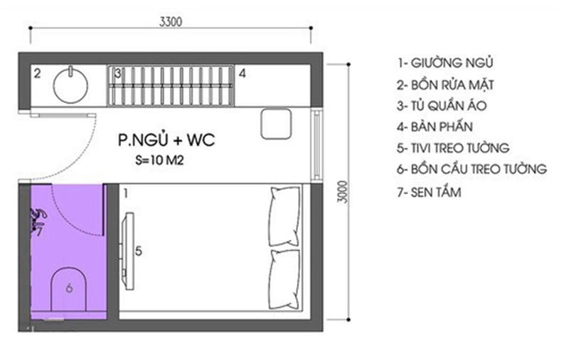 Thiết kế phòng ngủ nhỏ 10m2 có toilet