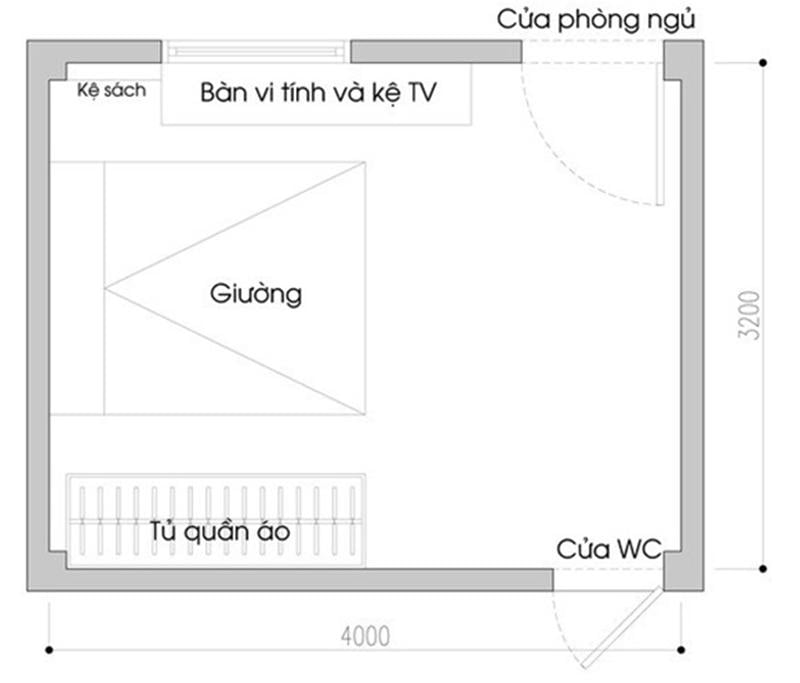 Thiết kế phòng ngủ 10m2 với đồ nội thất dồn về 1 phía