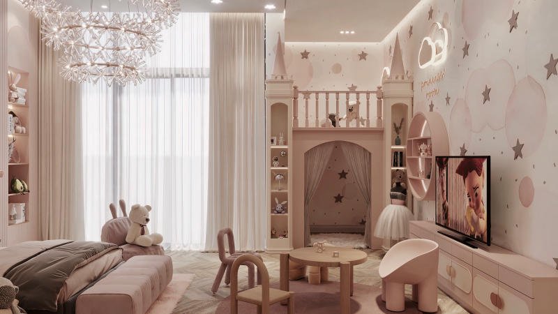 Mẫu thiết kế phòng ngủ màu hồng cho bé gái