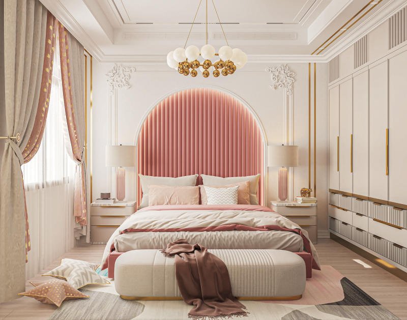Phòng ngủ màu hồng phong cách sang trọng