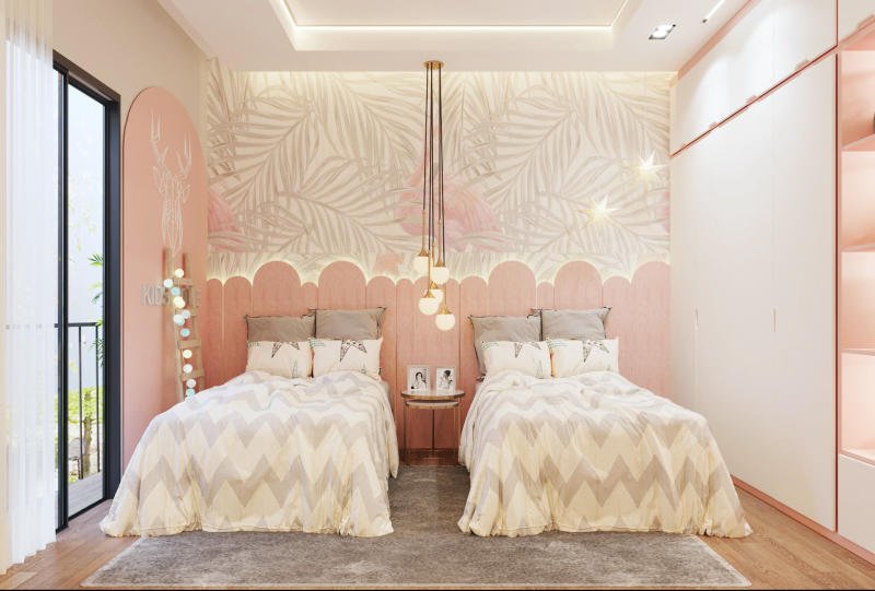 Phòng ngủ đẹp cho nữ màu hồng kết hợp trắng