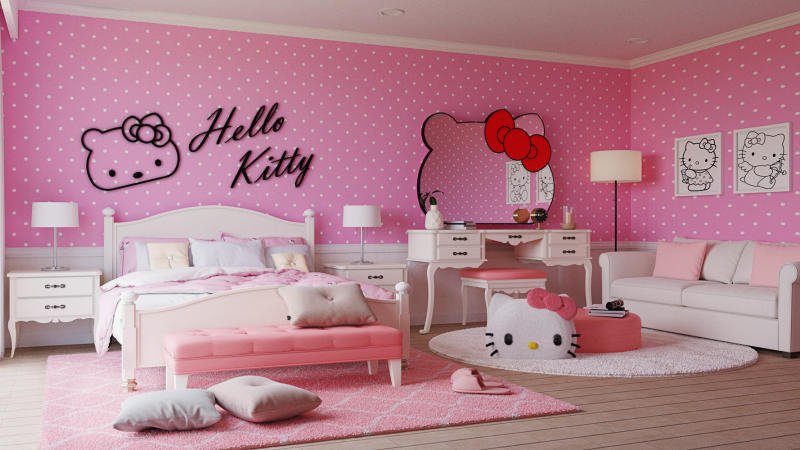 Mẫu phòng ngủ màu hồng Hello kitty